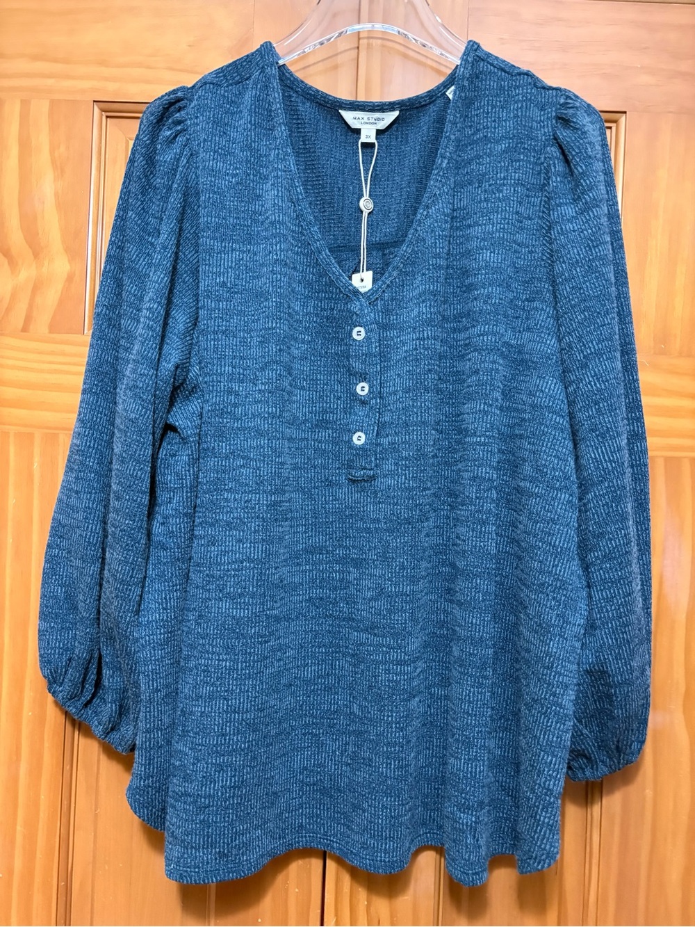 Max Studio Teal Blue V-Neck Henley Knit Pullover Size 3X NWT